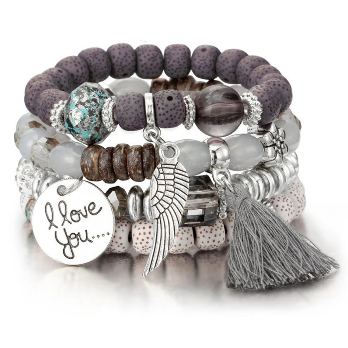 4pcs Set Bohemian I Love You Wing Tassel Beaded Bracelet for Women Adjustable Flower Colorful Stone Bangle Jewelry For Femme | Украшения и