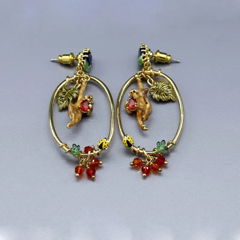 

Enamel Glaze Tropical Rain Forest Series Ladybug Monkey Green Leaf Jewel Ear Circle Earrings