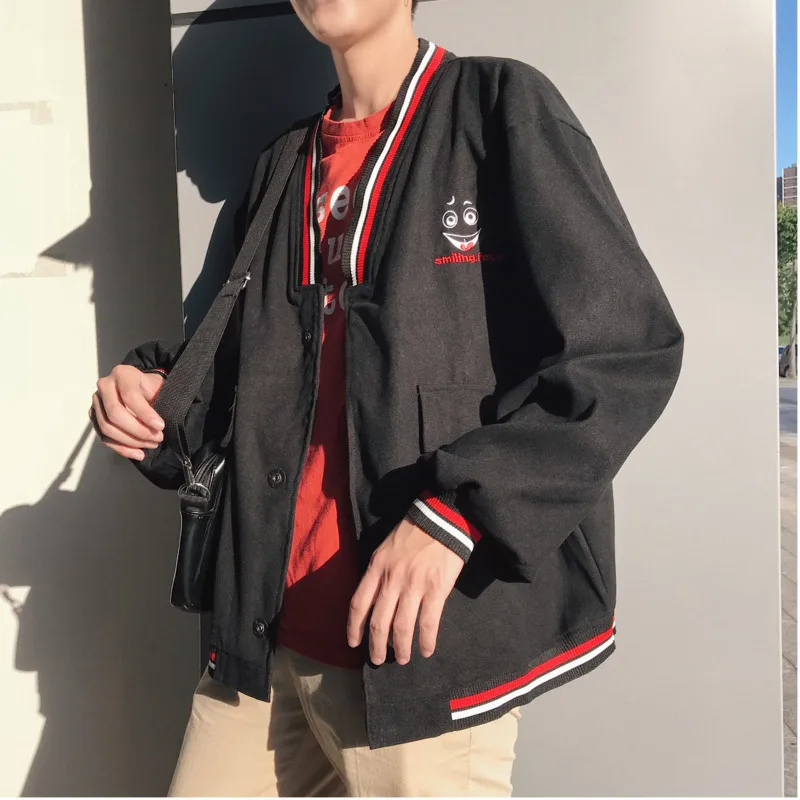 2019 Spring And Autumn New Smiley Embroidered Jacket Cardigan Single-breasted Striped Shirt Loose Jacket Khaki / Black M-2XL