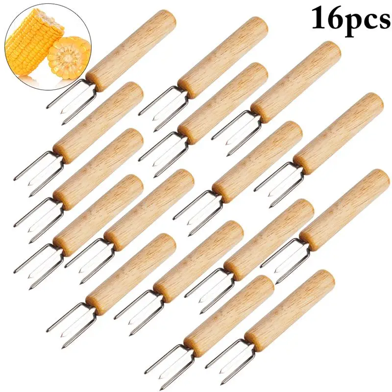 

8pcs 16pcs Corn Holders Fork Multi-function Barbecue Corn Tools Wooden Handle 304 Stainless Steel Fork BBQ Barbecue Supplies