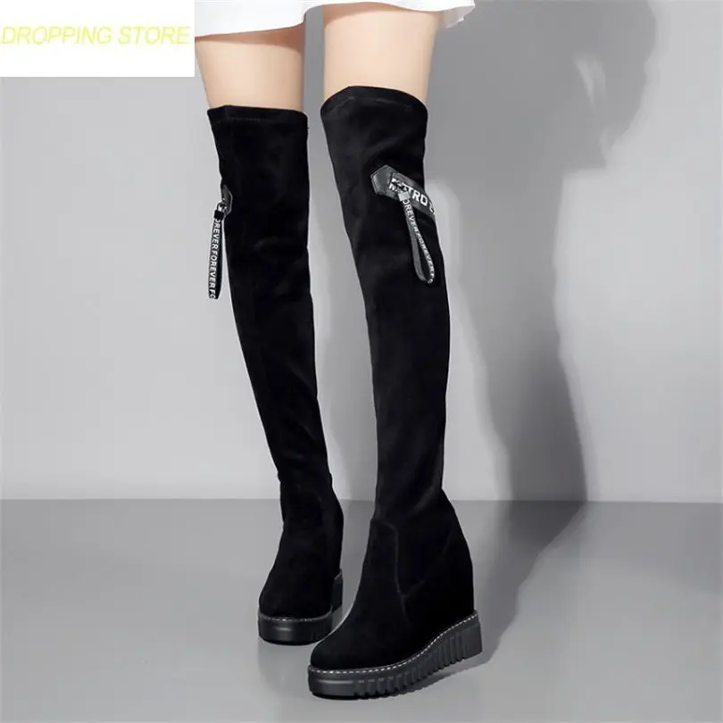 

2018 Women Leather Stretch High Heel Over The Knee Long Boots Wedges Thigh High Riding Boots Round Toe Sneaker Shoes
