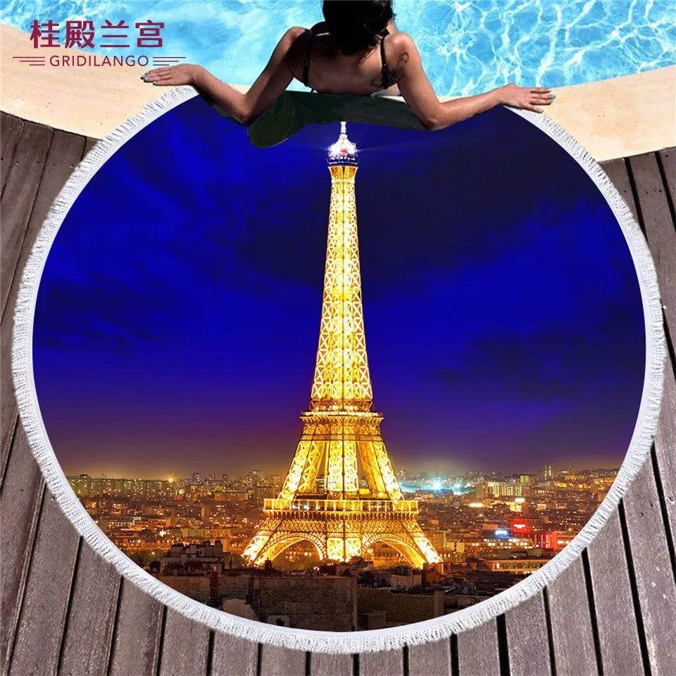 

GRIDILANGO Paris Eiffel Tower Microfiber Round Beach Towels with Tassel Boho for Adults Kid Beach Bath Towels Yoga Mat 150x150cm