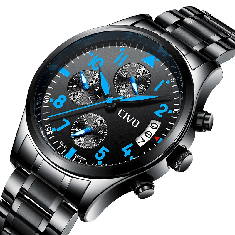 

CIVO Casual Sports Watch Fashion Stainless Steel Date Calendar Analog Quartz Wrist Watch Men Waterproof Chronograph Clock