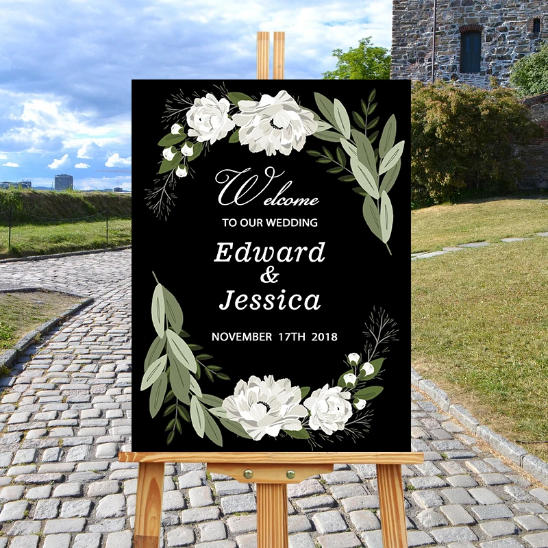 

Rustic Modern Black Wood Welcome Wedding Sign With Floral,Personalized Wedding Welcome Sign,Custom Wedding Party Entrance Sign