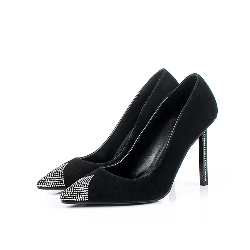 

Moraima snc 2019 summer fashion new pointed shallow mouth suede rhinestone fine high heel simple professional ladies single shoe