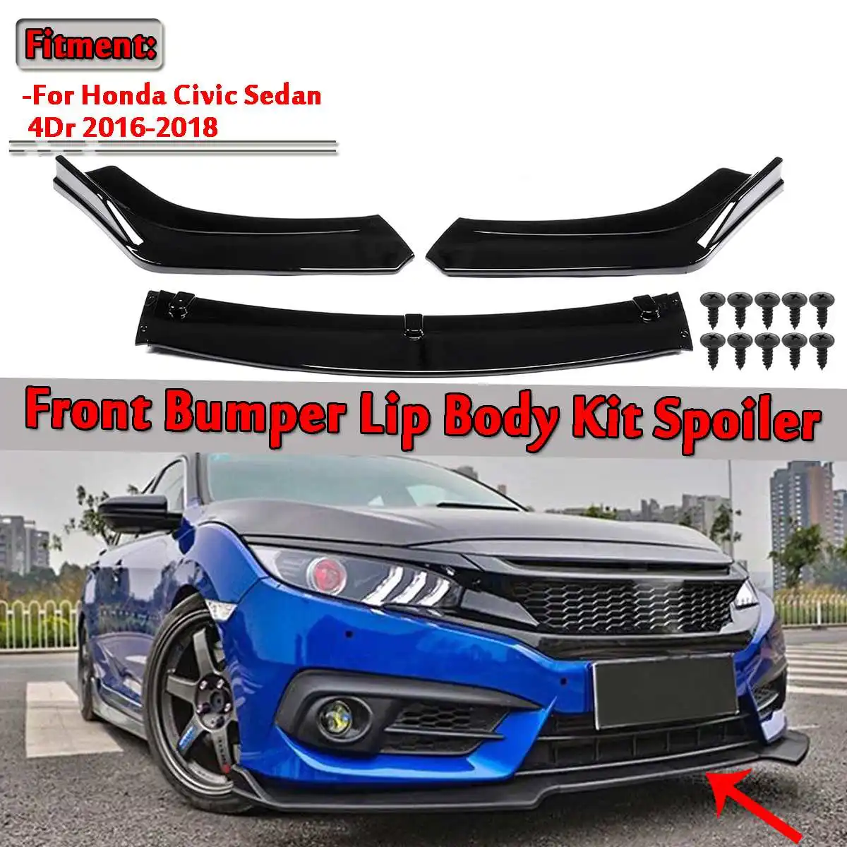Glossy Black Front Bumper Lip Protector Cover 3pcs for Honda Civic Sedan 2016-18