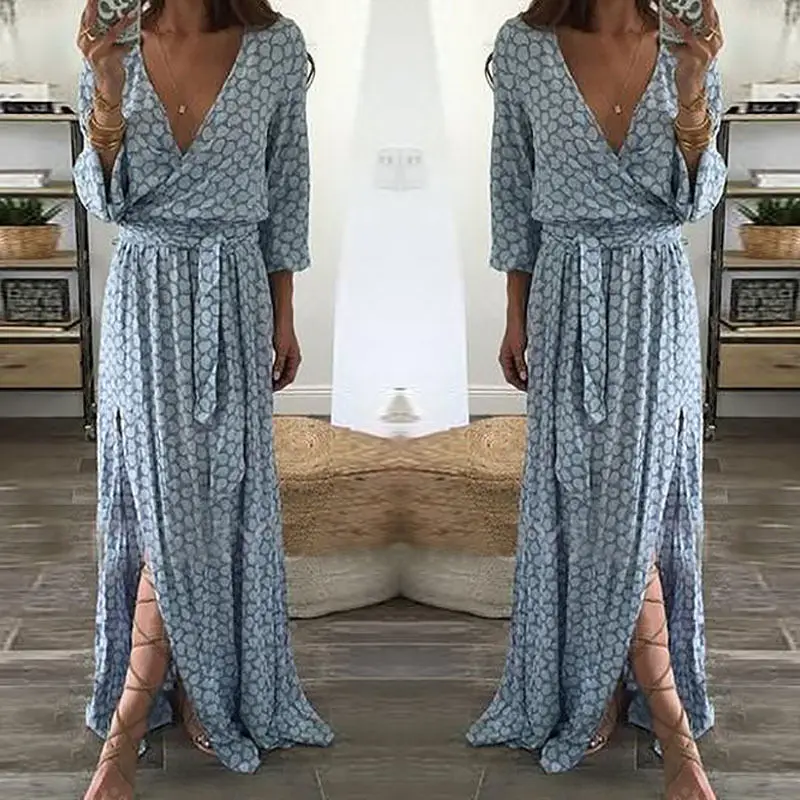 

Newest Women Floral Print Long Sleeve Boho V-Neck Blue Dress Lady Evening Party Long Maxi Dress