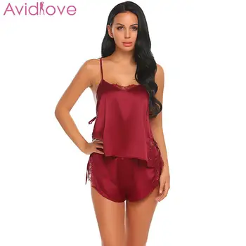 

Avidlove Women Sexy Sleepwear Sleeveless Strap Nightwear Lace Trim Satin Cami Top Pajama Sets Sexy Lingerie Intimate Pijama Muje