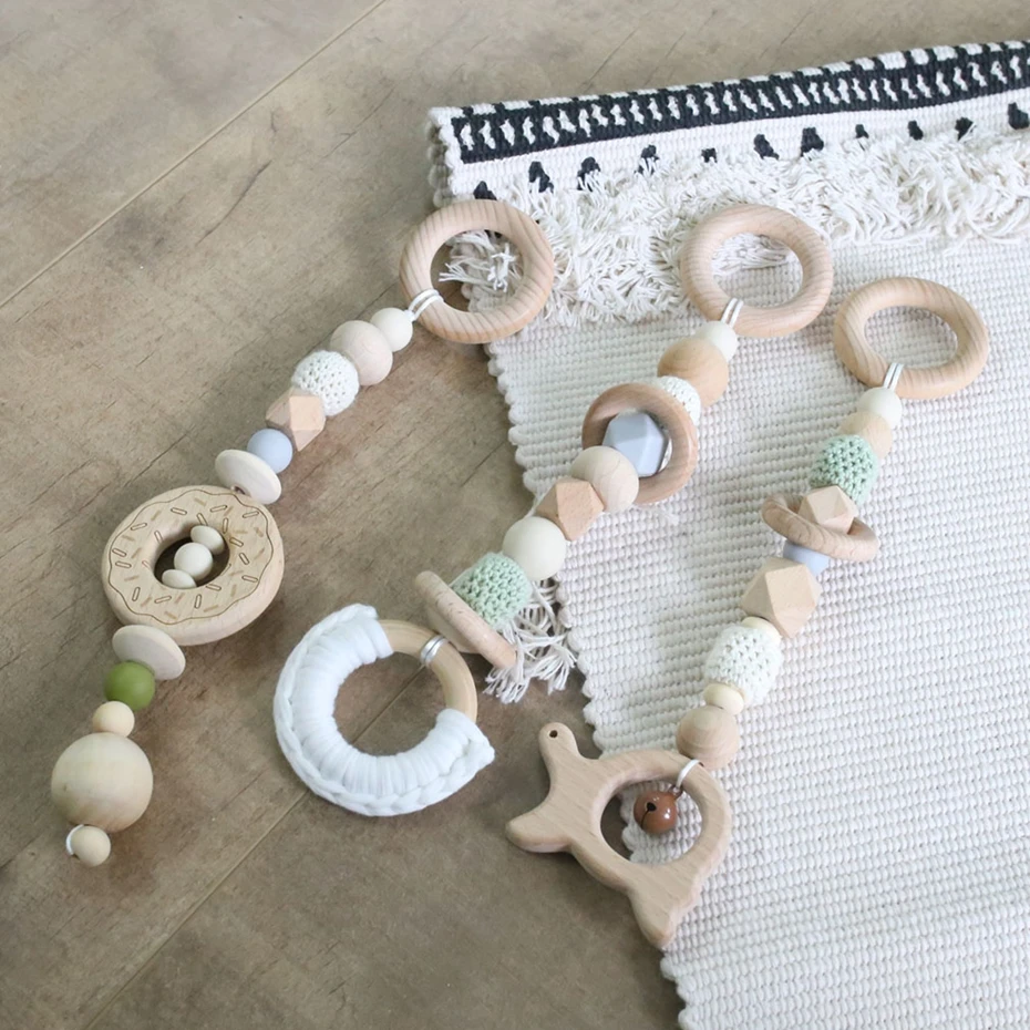 3Pc/Set Sensory Baby Teether Wooden Ring Crochet Beads Wooden Teething Toys Cartoon Silicone Teether Baby Rattles Crib Mobiles