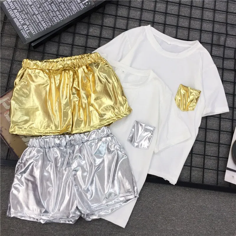 Women Hip Pop Style 2 Piece Set White T shirt Elastic Waist Casual Shorts Summer Tracksuits Sporting shiny Shorts Party Outfits