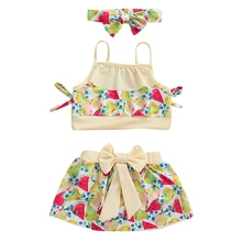 Комплект из 3 шт./компл., детский танкини для маленьких девочек, купальник с фруктовым принтом, купальный костюм с подходящей повязкой на голову