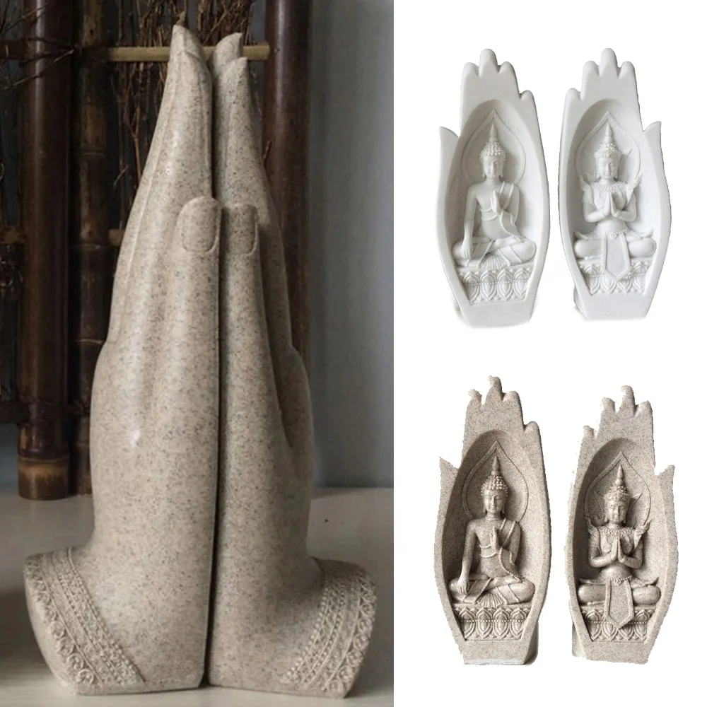

creative Buddha Statue India Yoga Mandala Hands Monk Figurine Sand Stone Sculpture Buddhism themed statue White/Gray