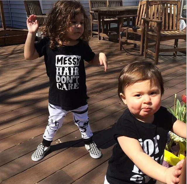 

MESSY HAIR ,DON'T CARE / girl t-shirt + leggings set / black outfits
