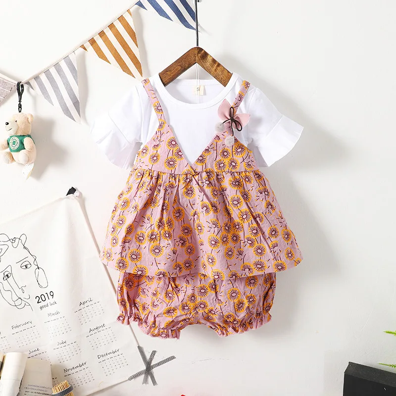 

Summer Children Infant Cotton Clothes Girls Fashion V-neck Sling Flowers T Shirt Shorts 2pcs/Sets Toddler Clothing Tracksuits