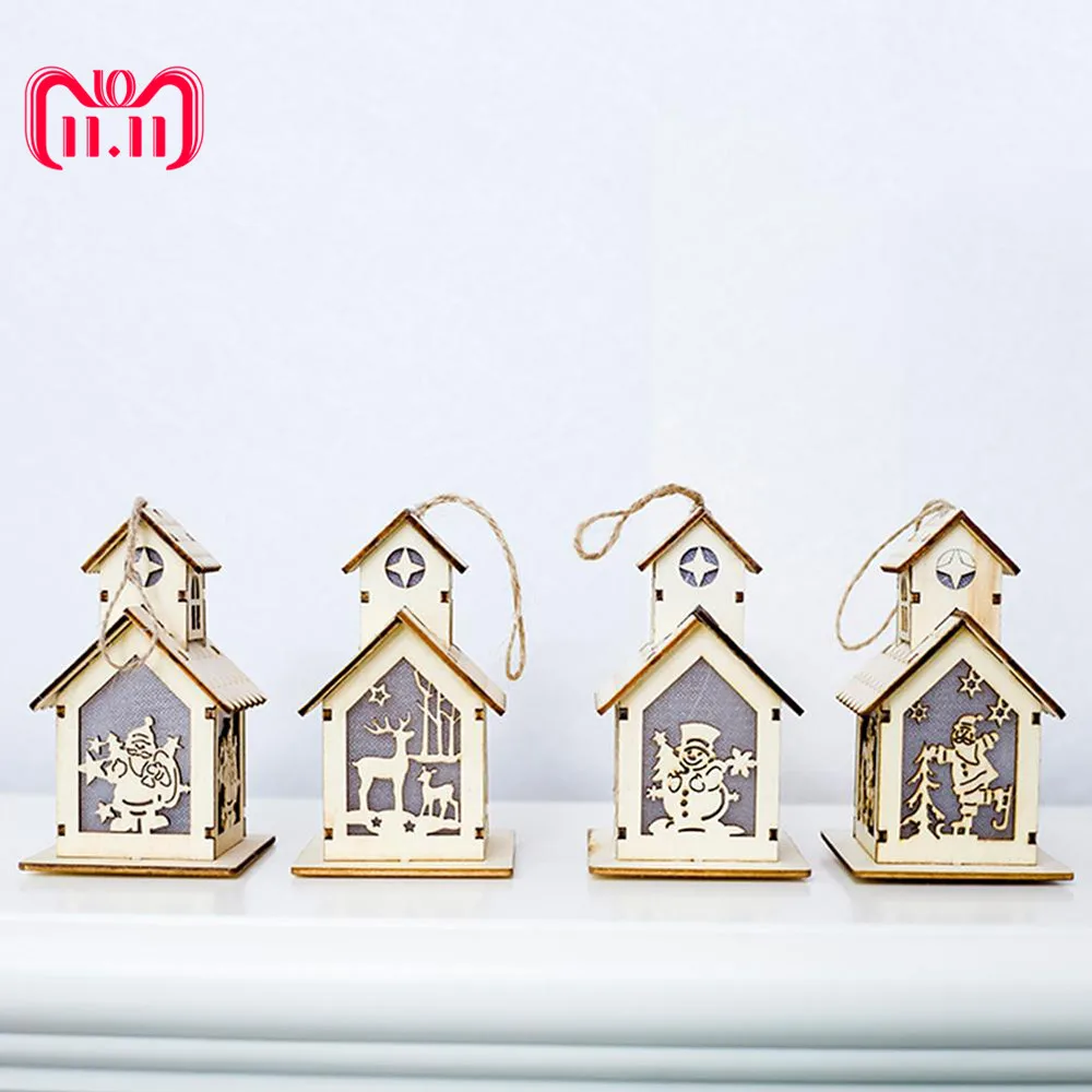 

1pc Christmas Tree Wooden Warm Light Cabin Pendant Christmas Lights Gardening Decoration Cottage Ornament Navidad New Year 2019