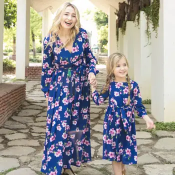 

Family Matching Outfit Mother Daughter Long Sleeve Long Dress Floral Print Dress Outfit Sundress