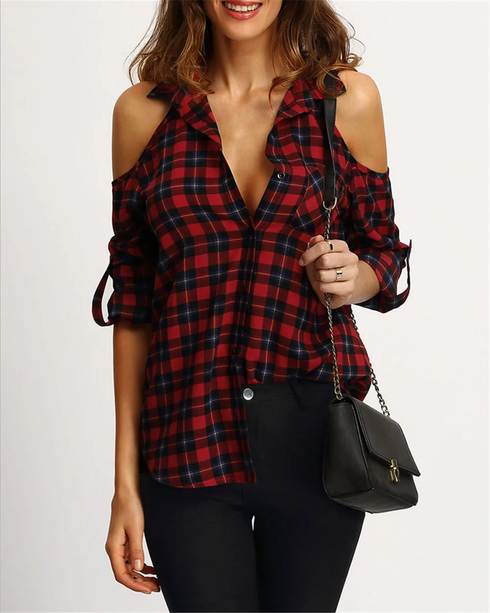 

Summer Women Checkered Plaid Blouse Off Shoulder Tops Long Sleeve Shirt Casual Loose Blouse Stylish Female Cold Shoulder Shirts