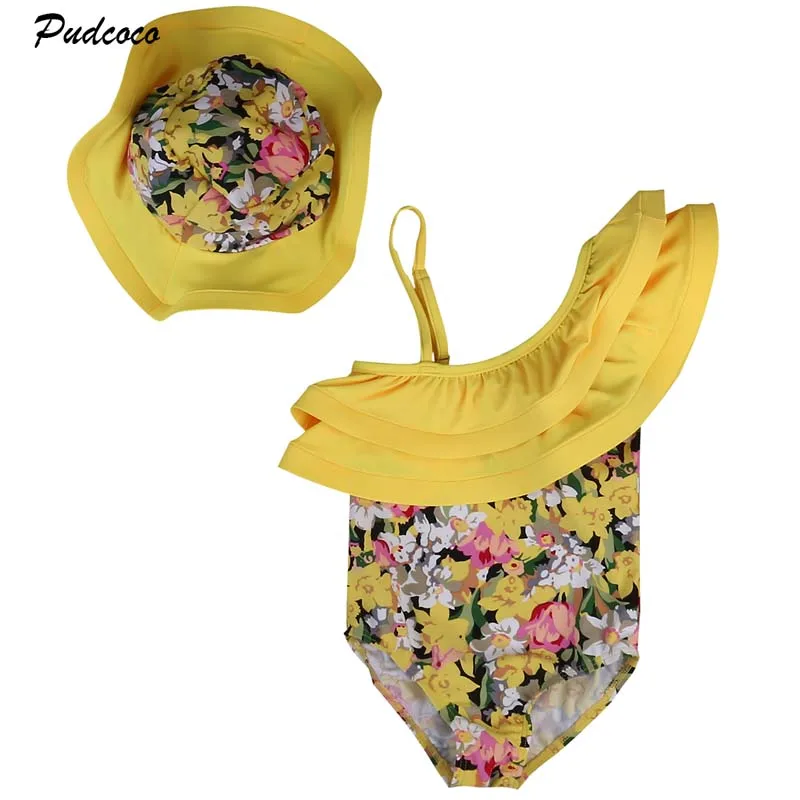 

2019 Brand Summer Girl Swimwear Kid Baby Girl Floral Ruffle One Shoulder Bikini Tankini Hat Set Beachwear Bathing Suit Swimsuit