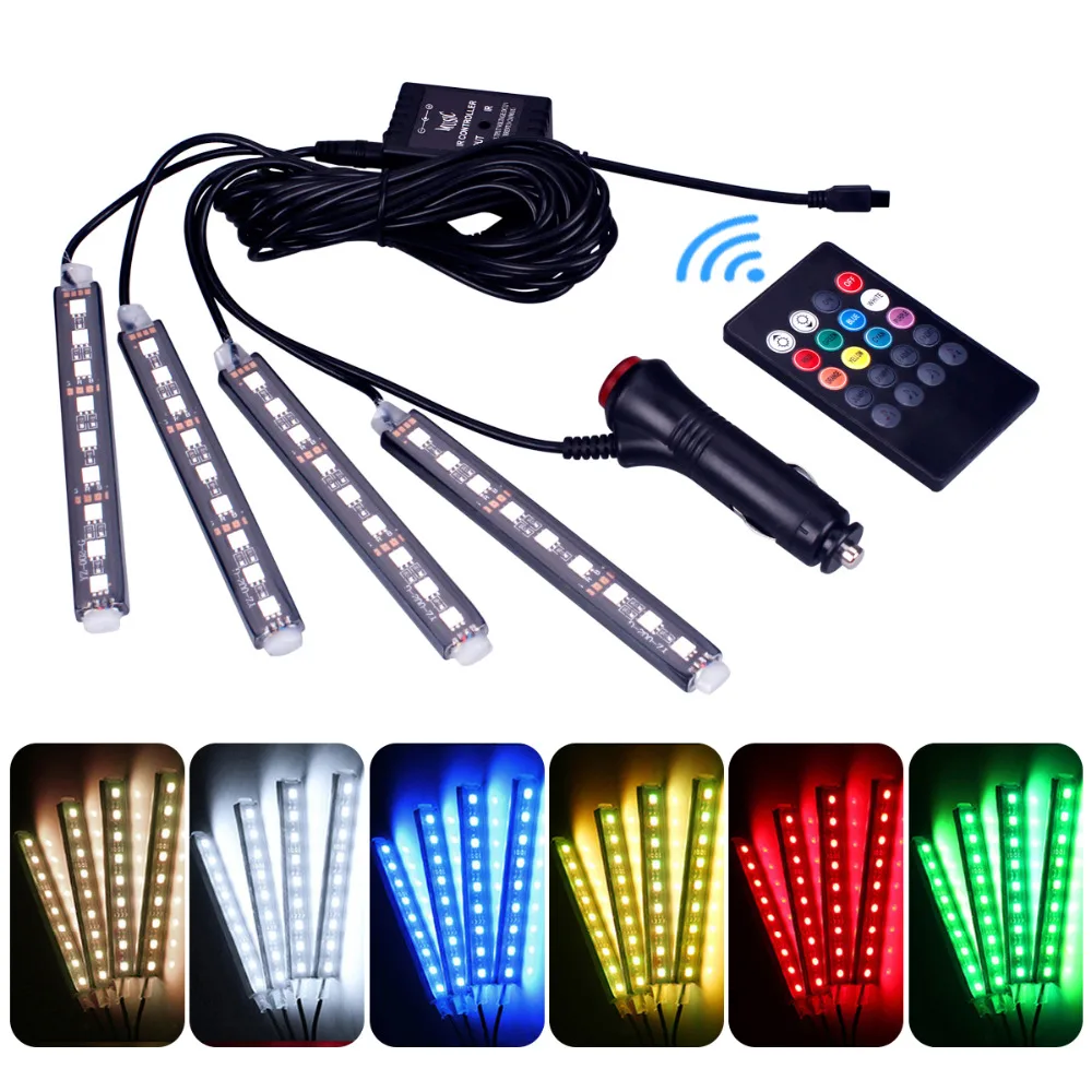 

Remote Control Car RGB LED Neon Interior Light Strip Decorative Atmosphere Atomotive Ambience Lamp Foot 4*9 LED Blubs SMD5050