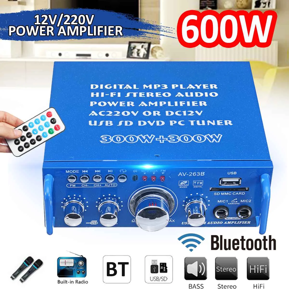 

12V/220V 600W HIFI 2CH Protable Car bluetooth Stereo Power Audio Amplifier FM Radio Home Theater Amplifiers Music Player