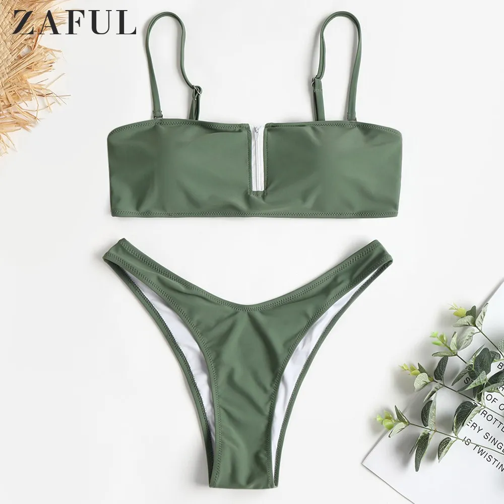 

ZAFUL Women Bikini Set Zippered High Cut Bandeau Bikini Set Lady Sexy Bikini Swimwear Summer Beach Swimsuit Bathing Suit