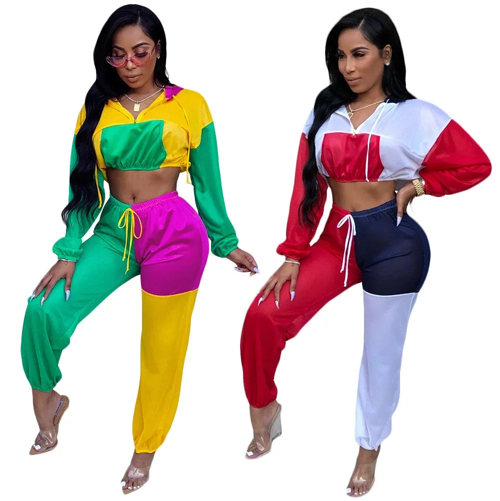 Women Tracksuits Sexy Two Piece Set Patchwork Colorful Long Sleeve Crop Top Hoodies And Pant Set 2 Piece Outfit Set