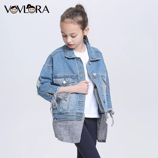 Denim Patchwork Striped Girls Jackets Coats Solid Cotton Long Sleeve ...