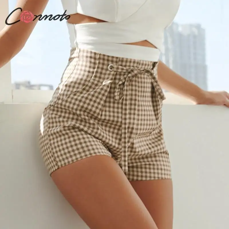 Conmoto moda a cuadros Chic mujer 2019 verano Casual alta cintura encaje up Shorts mujer High Street caqui de talla grande pantalones cortos| Shorts| - AliExpress