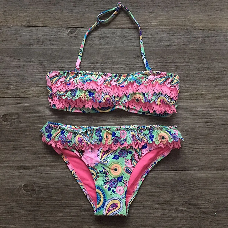 

7-14years Girls Split Hollow Falbala Bikini Two-piece Swim Suits Bikini Children Swimwear Kids Bathing Suit Girl Beachwear