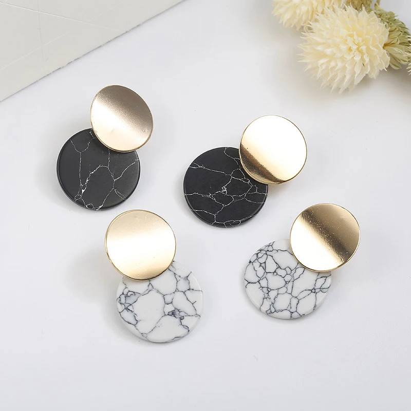 

Gifts 1Pair Marble Metal Statement Girls Unique Natual Stones Whtie Double Round Earring Black Exquesite Fashion Jewelry Trendy