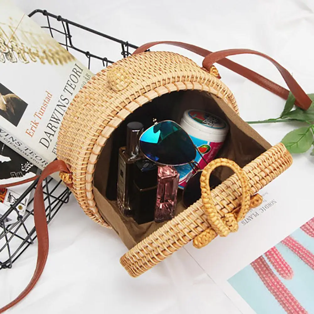 تخزين الروطان حقيبة جولة اليدوية القوس الشاطئ الحقيبة البوهيمي نمط أزياء المنسوجة المنزل حقيبة التخزين الإناث 2019 جديد