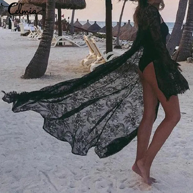

Women Kimono Cardigan 2019 Celmia Summer Bohemian Sexy Lace Blouse Casual Loose Beach Cover Up Long Shirts Blusas Plus Size Tops