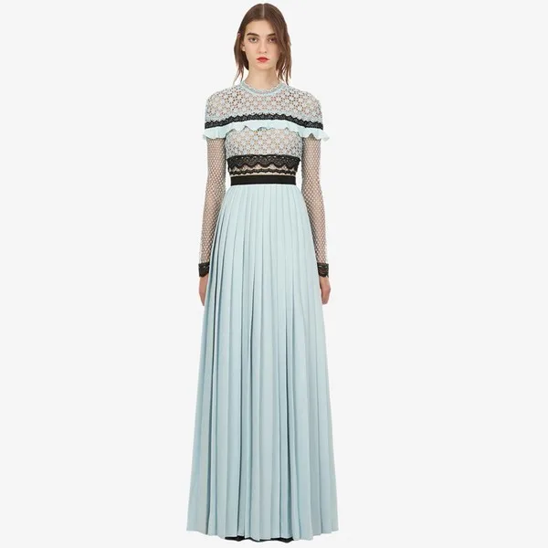

New Lace Hollow Out Pleated Long Dresses Women Spring 2019 O-Neck Ruffles Patchwork Vintage Maxi Dress Party Robe Femme
