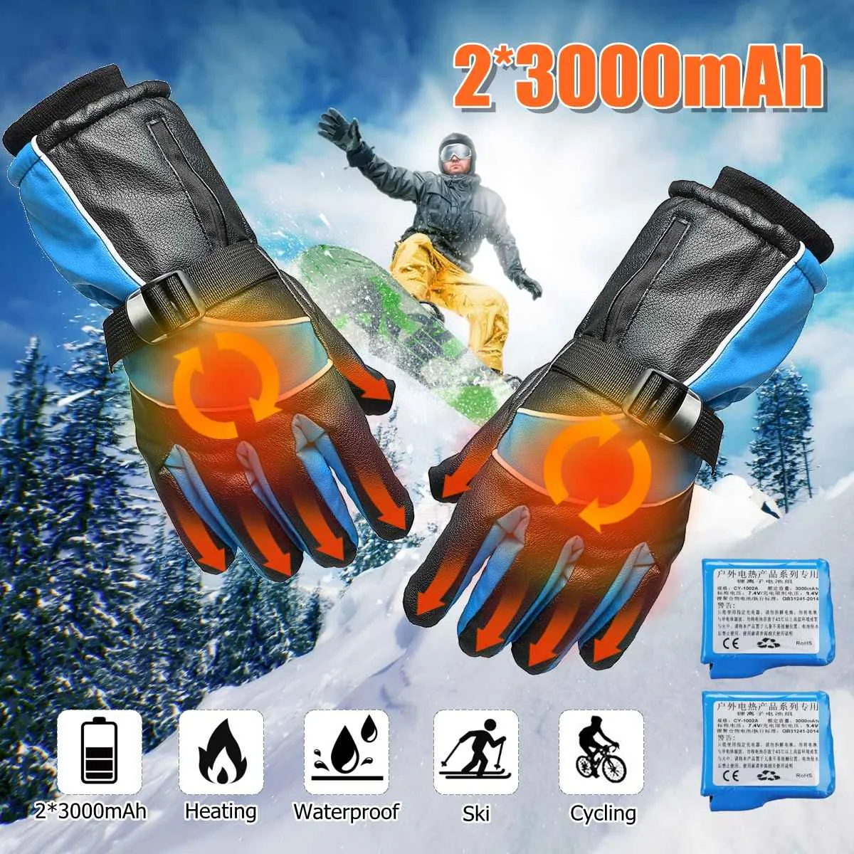 

1 Pair Waterproof 2000MAh Rechargeable Motorcycle Electric Heated Gloves Snowboarding Work Winter Hands Warmer Outdoor Safety H