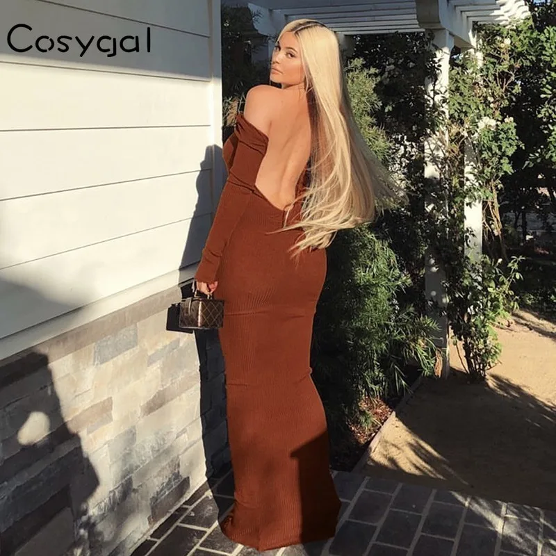 

COSYGAL Knitted Sexy Bodycon Dress Off Shoulder Full Sleeve Long Dresses Strip Backless Pencil Summer Dress 2019 Sweater