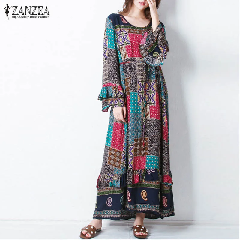 

Women Geometric Printed Dress 2019 ZANZEA Fashion Round Neck Long Flare Sleeve Cocktail Party Beach Long Dress Vestido Plus Size