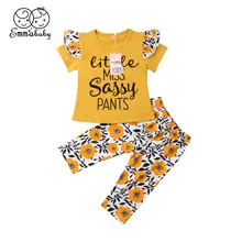 Комплект одежды для маленьких девочек, летняя детская одежда для маленьких девочек Футболка с рукавами-крылышками для малышей+ штаны с цветочным рисунком комплект одежды для детей из 2 предметов