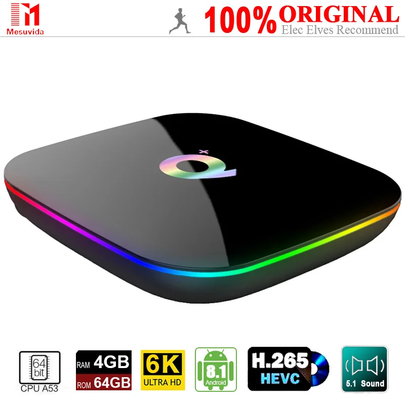 

Q Plus RGB 6K TV Box (Android 8.1,Allwinner H6 CPU, Quad core, ARM Cortex-A53, Mali-T720MP2 GPU, 4G/64G, 6K ultra HD image, HDR)