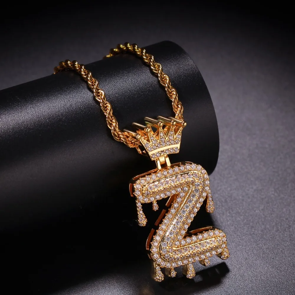 Custom Crown Bail Drip Bubble Initial Letters Chain Necklaces & Pendant For Men Women Gold Color Cubic Zircon Hip Hop Jewelry - Image 3