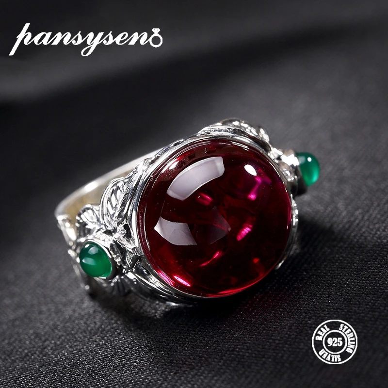 

PANSYSEN Vintage Genuine 925 Sterling Silver Jewelry Open Rings For Women Men Natural Red Carnelian Ring Gift for GrandMother