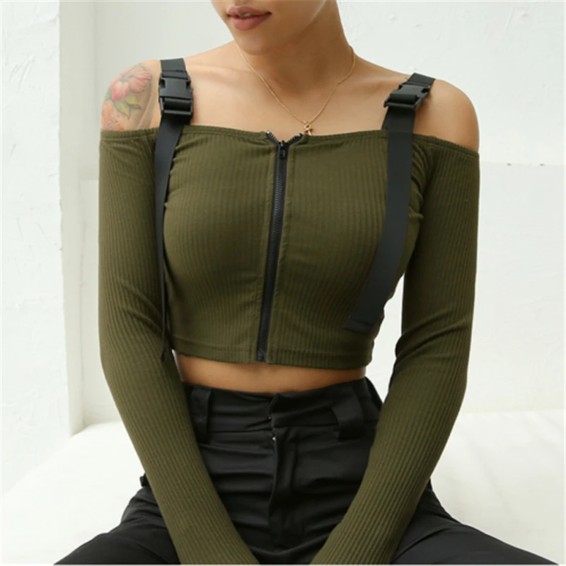

Sexy Women Off Shoulder Plastic Buckle Strappy Crop Top Long Sleeve Knit Top Zipper Up Knitwear Solid Fashion Short Chic t shirt