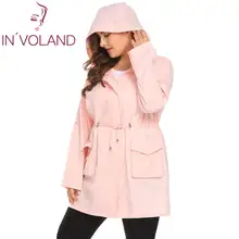 IN'VOLAND Plus Size Women Coats Outwear Casual Hooded Trench Roll Up Sleeve Drawstring Winter Coat Solid Autumn Trench Overcoat
