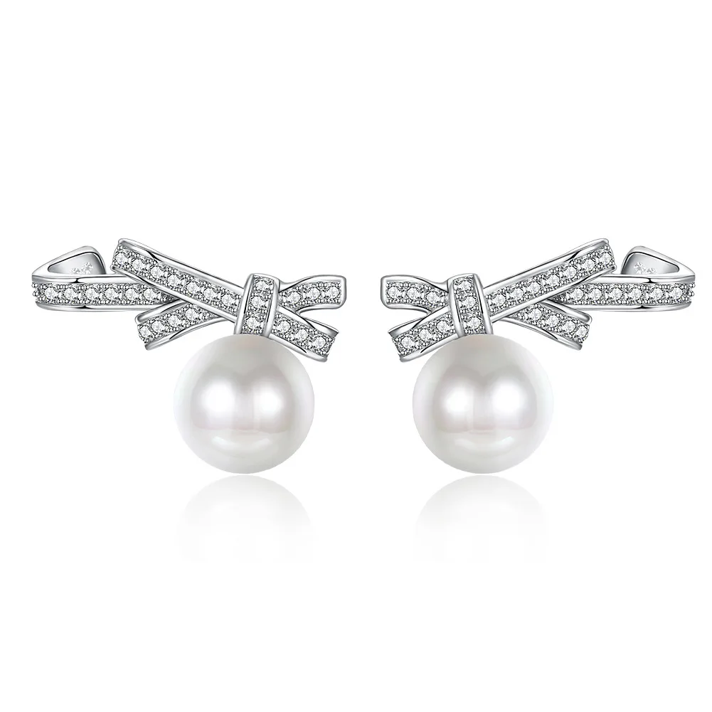 

pure 925 sterling silver earrings stud cute bow link white pearl ball pendant earring stud for women Femme