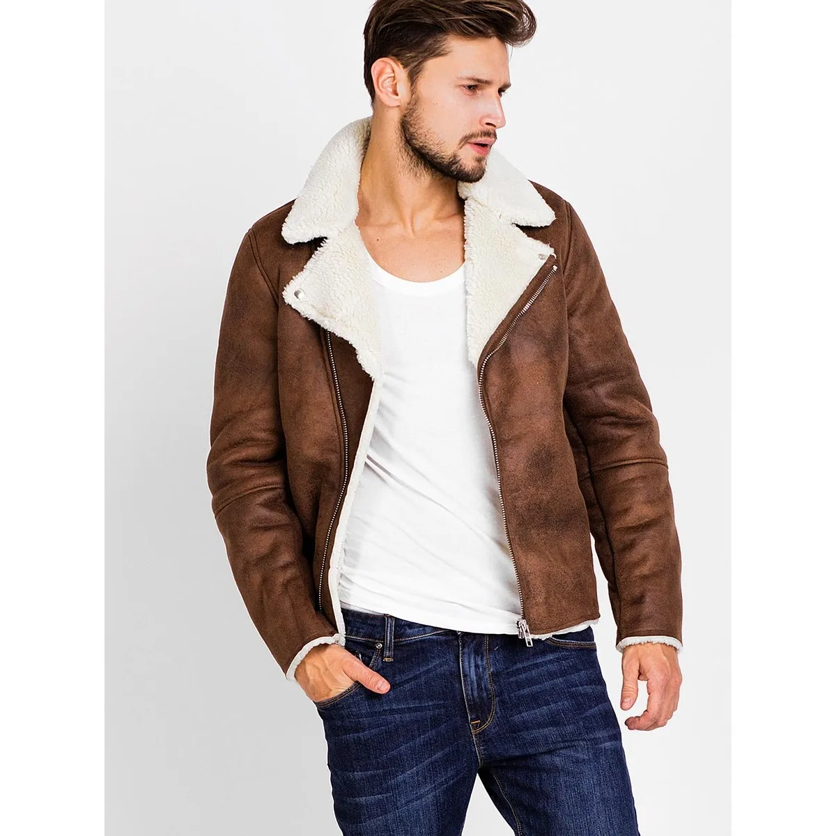 60% OFF Faux Suede Jacket for Men Brown Biker Winter Jacket Men Spring Autumn Turn Down Collar Casual Cool Faux Suede Jacket Coat