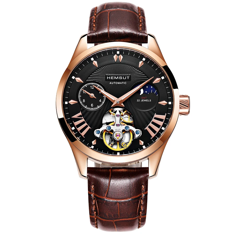 

Men Automatic Self Wind Mechanical Rose Gold Silver Black Case Brown Leather Rubber Strap Casual Sports Geneve Watch