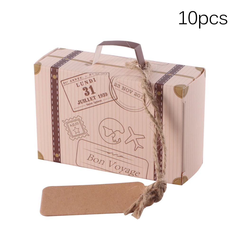 

10sets Creative Mini Suitcase Design Candy Box Candy Packaging Carton Chocolate Box Wedding Gift Box with Card for Event Party
