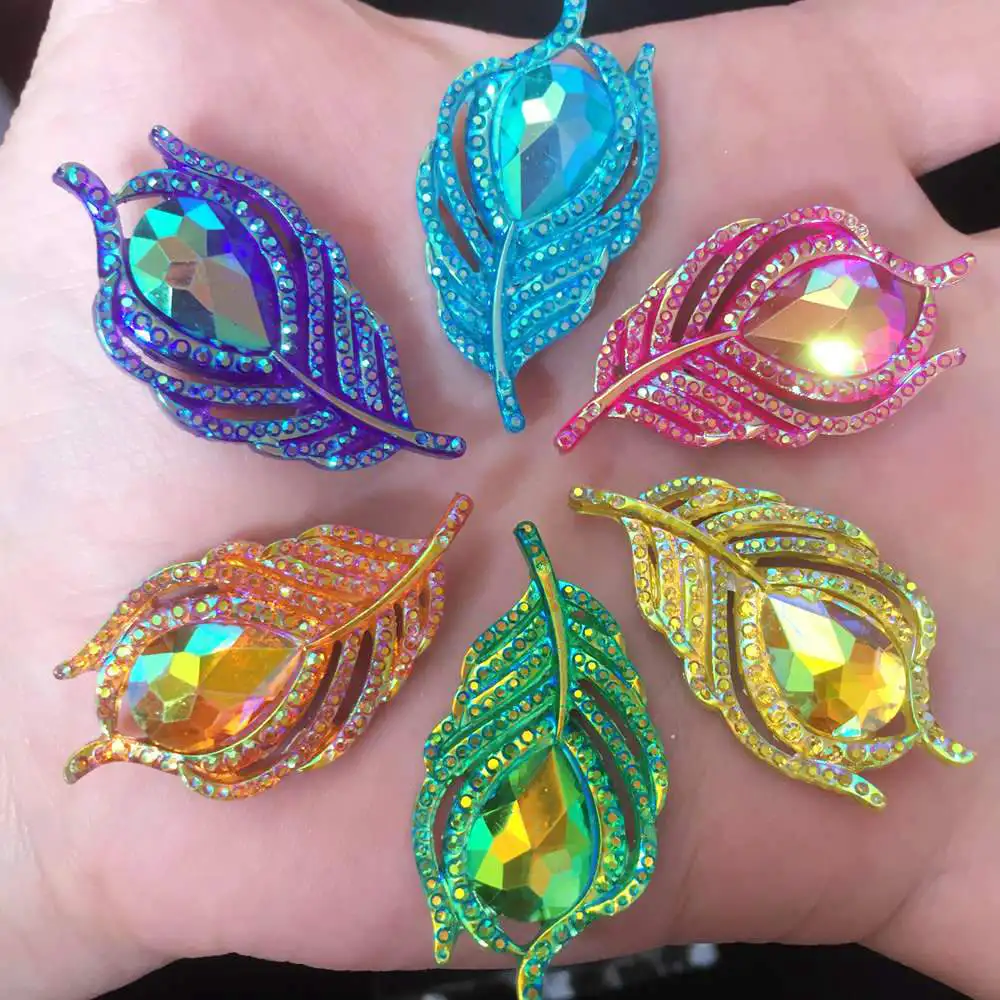 

New 10PCS AB Resin 3D Peacock Feathers Flatback Rhinestone Wedding DIY Buttons W19