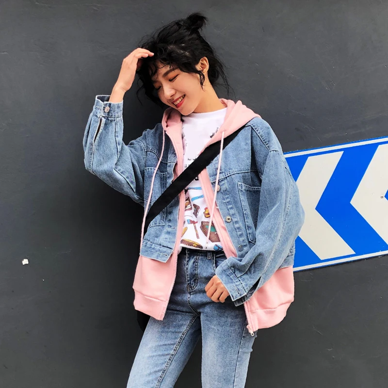 Jq282 Mode 2019 gray Marée D'été Grande Printemps eam Couleur De white Commune Denim Manteau Fendue Nouveau Bleu Black Femmes Color Veste Capuchon Hit Manches Taille pink À Longues wBSdRqd