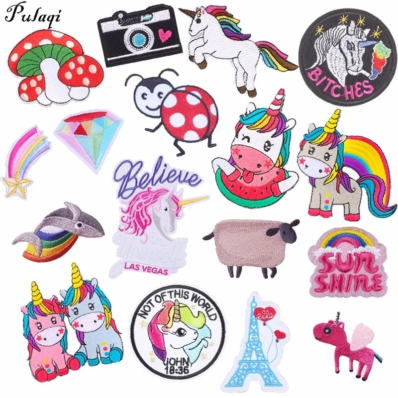 

Pulaqi Cartoon Appliqued Embroidered Patches For Jeans Kids Heat Transfers Sew On Clothes Hat Unicorn Rainbow Sticker DIY H