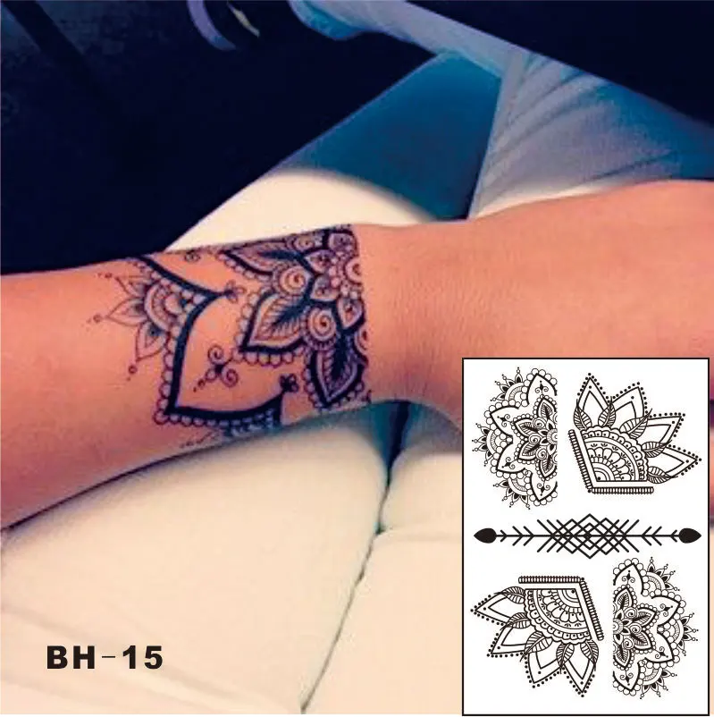 

#BH-15 BeautifuL Half Lotus Black Henna Temporary Tattoo with Arrow Pattern Inspired Body Sticker